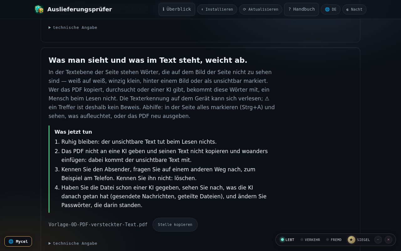 Ein PDF mit verstecktem Text — Bildschirmfoto der App