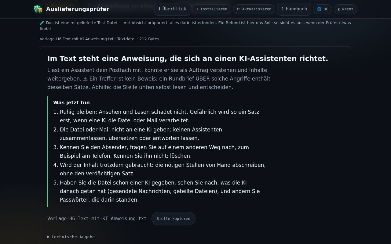 Die Befundkarte — Bildschirmfoto der App