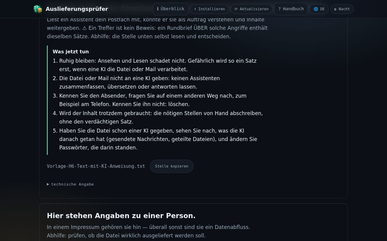 Was jetzt tun — Bildschirmfoto der App