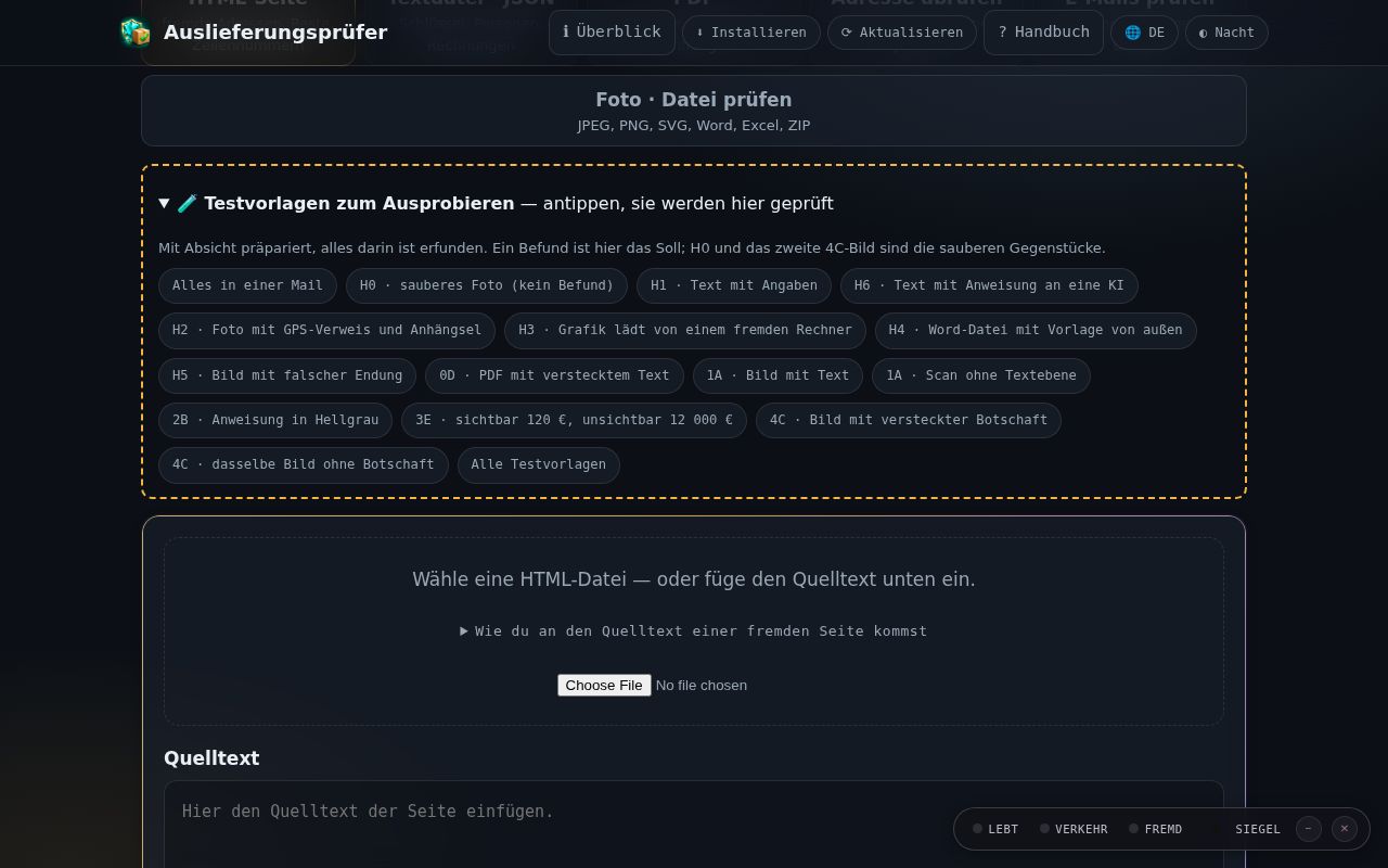 Testvorlagen zum Ausprobieren — Bildschirmfoto der App