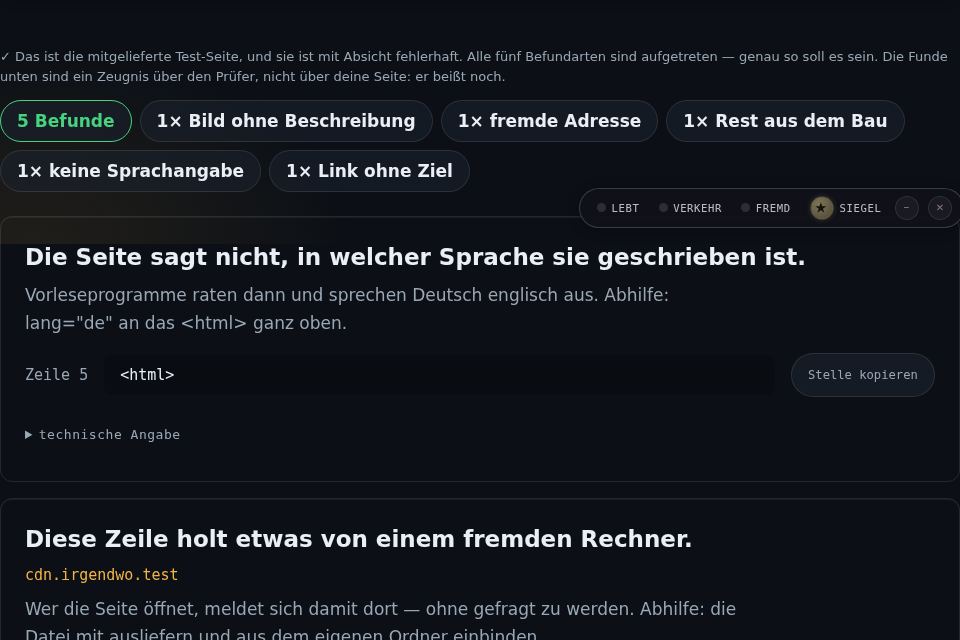 Ergebnis der Prüfung einer Beispielseite: fremde Adressen, Zugangsschlüssel und Personenbezug mit Zeilennummern