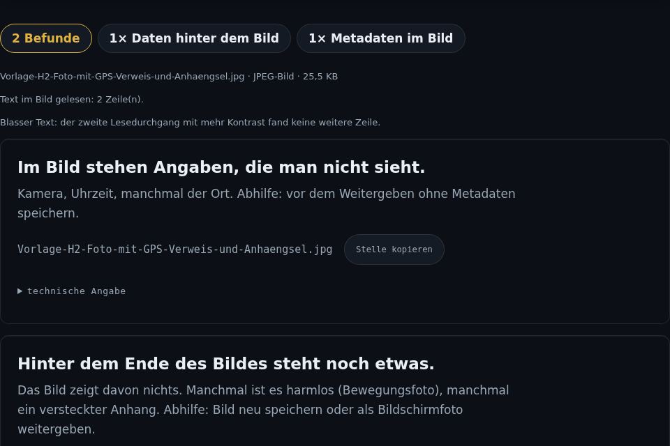Ein Foto mit Standortangaben und angehängten Zusatzdaten