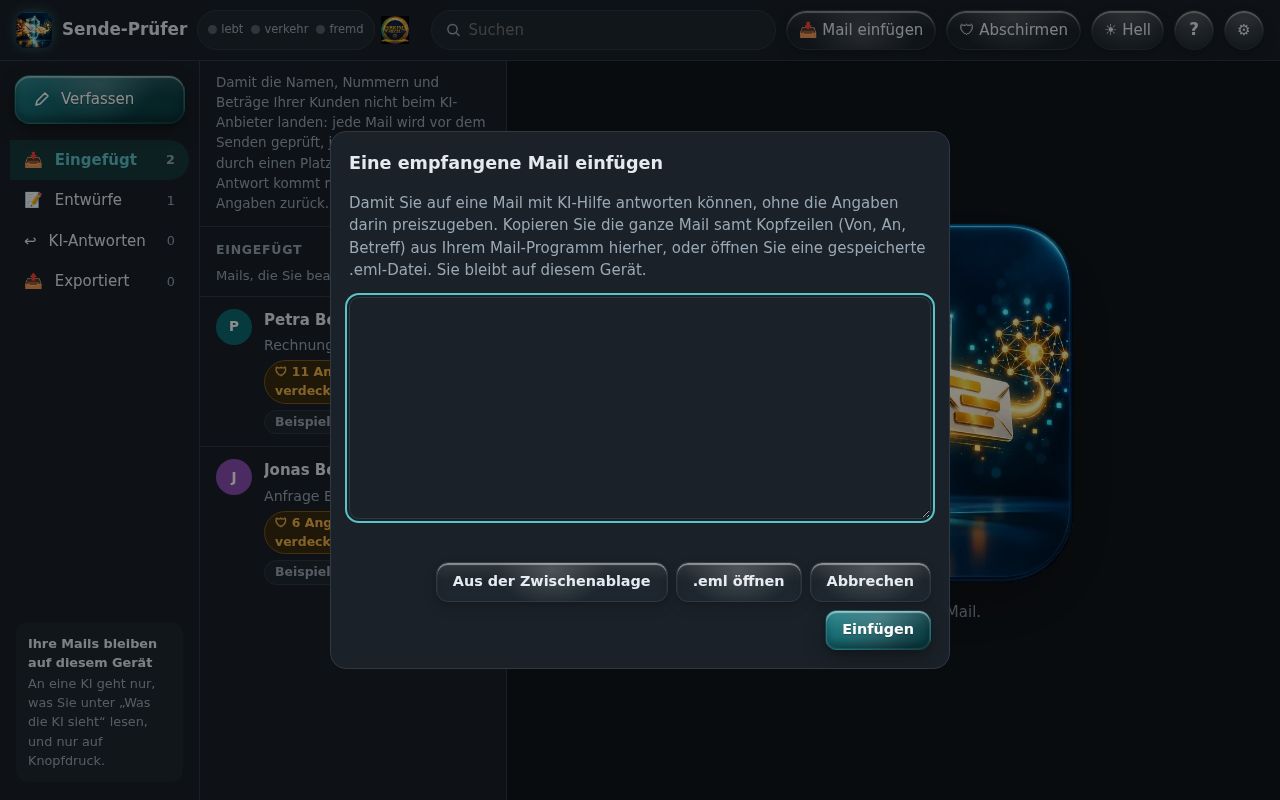 Eine Mail hereinholen — Bildschirmfoto der App