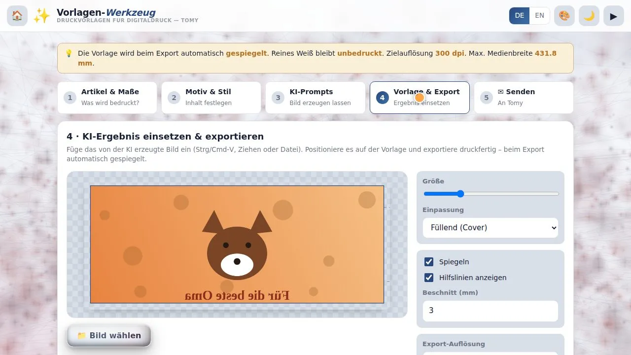 Vorschau: das Vorlagen-Werkzeug mit eingesetztem Fuchs-Motiv auf einer Tassen-Vorlage