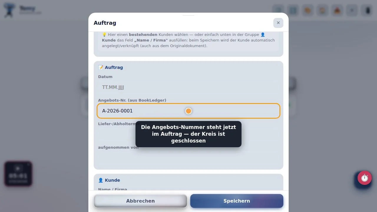 Vorschau: WorkFloh-Auftrag mit automatisch eingetragener Angebots-Nummer aus BookLedger