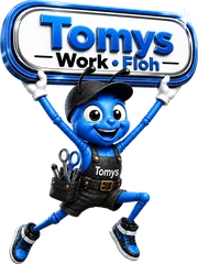 WorkFloh-Maskottchen mit Tomy-Schild